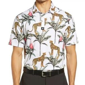Bad Birdie White Tropical And Leopard Print Performance Golf Polo NWT. Sz XL